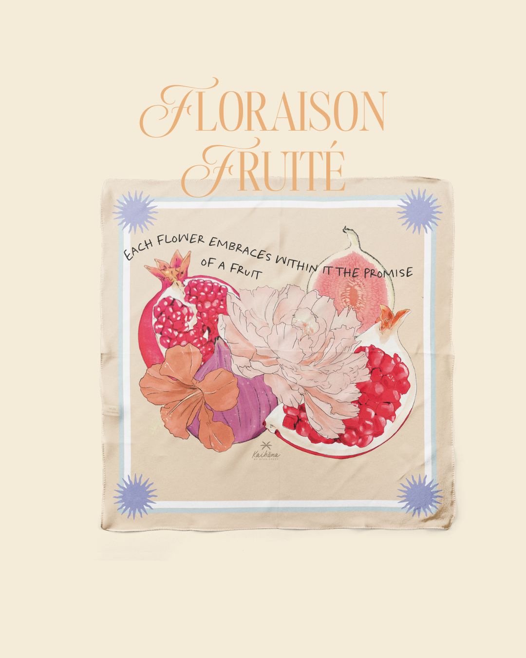 Foulard Floraison Fruité Kaihana en soie – motif fleurs et grenades tropicales