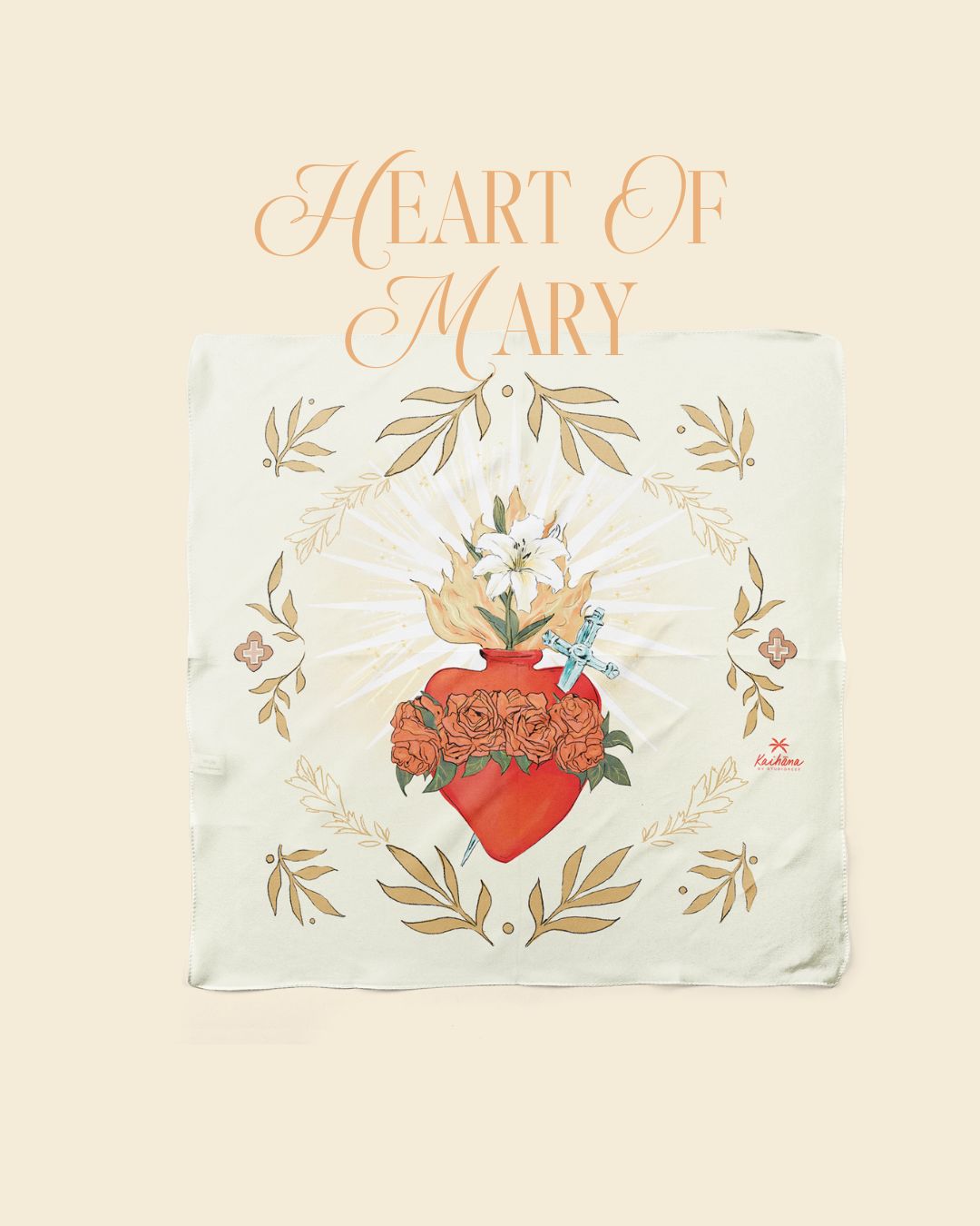 Foulard Heart of Mary Kaihana en soie – motif sacré-cœur, lys et roses
